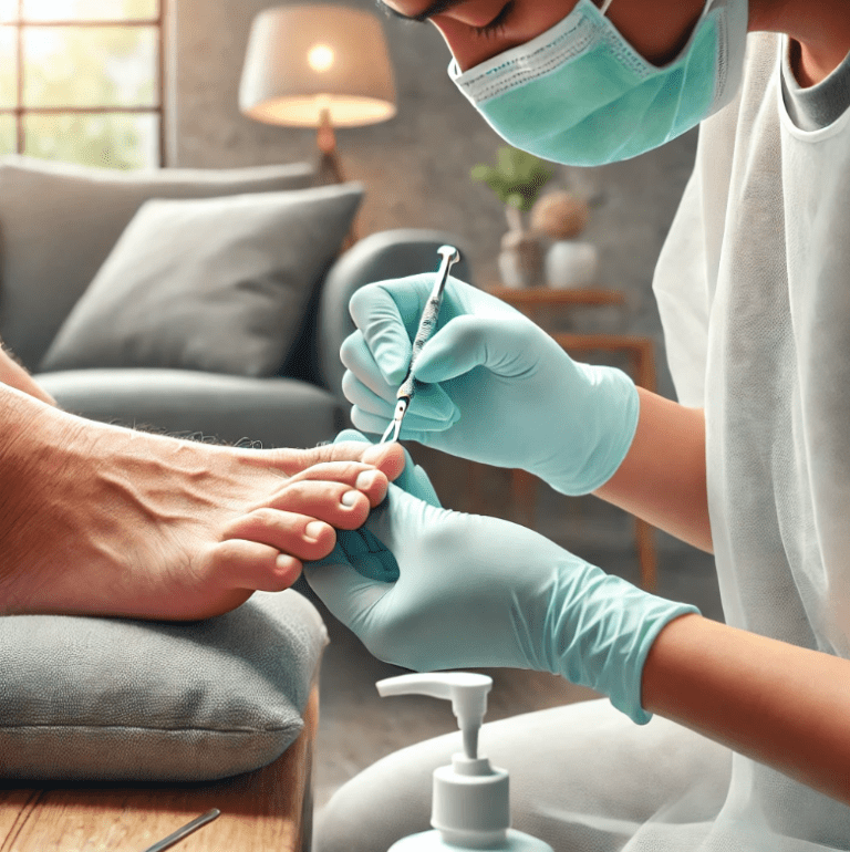 Image of a professional carefully cutting an elderly person's toenails, emphasizing proper hygiene and comfort.